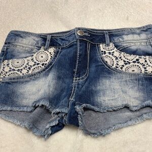 No Boundaries Blue Jean Shorts with Lace Detail